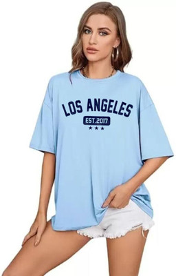 ZAMZAM Printed Women Round Neck Light Blue T-Shirt