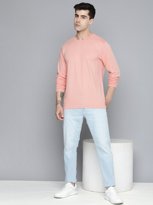 ether Solid Men Round Neck Pink T-Shirt