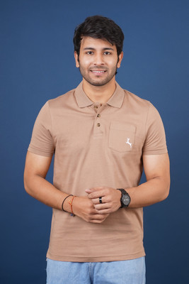 Hopping Deer on Redline Solid Men Polo Neck Beige T-Shirt