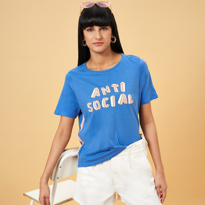 PEOPLE Printed Women Round Neck Dark Blue T-Shirt
