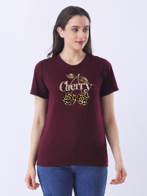 Ns Fashion Printed Women Round Neck Maroon T-Shirt