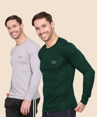 TQH Solid Men Round Neck Grey, Green T-Shirt