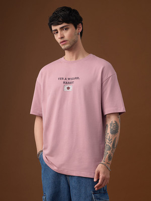 The Souled Store Embroidered Men Round Neck Pink T-Shirt