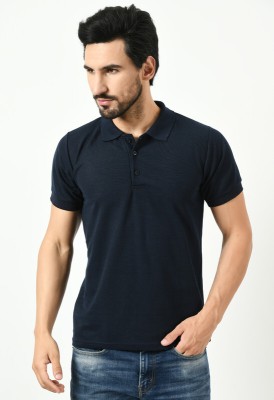 KAVYA Solid Men Polo Neck Dark Blue T-Shirt