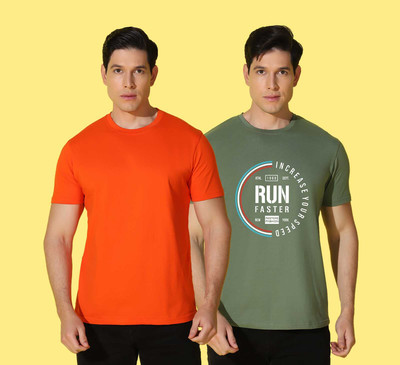 WOOSTRO Printed Men Round Neck Orange, Dark Green T-Shirt