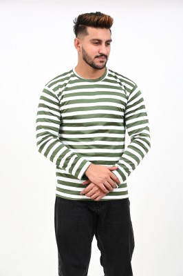 SmartyWorld Striped Men Round Neck Green T-Shirt