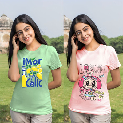 Kintu Parantu Printed Women Round Neck Pink, Green T-Shirt