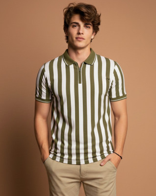 NEWRICH Striped Men Polo Neck Green, White T-Shirt