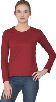 GEUM Solid Women Round Neck Maroon T-Shirt