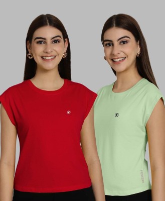 FRISKERS Solid Women Round Neck Red, Light Green T-Shirt