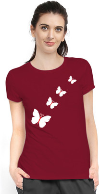 Stylimo Printed Women Round Neck Maroon T-Shirt