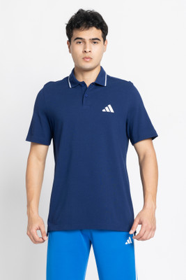 ADIDAS Printed Men Polo Neck Blue T-Shirt