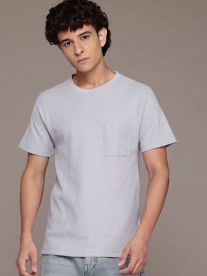 Roadster Self Design Men Round Neck Grey T-Shirt