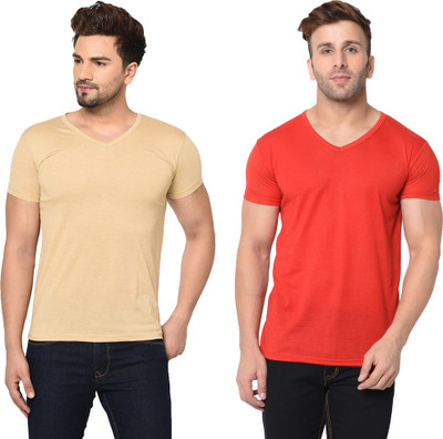Adorbs Trend Solid Men V Neck Beige, Red T-Shirt