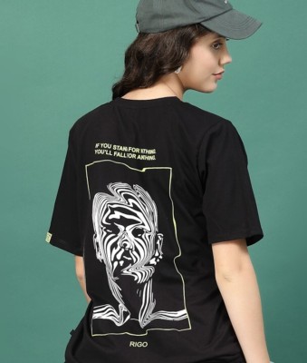 RIGO Printed Women Round Neck Black T-Shirt