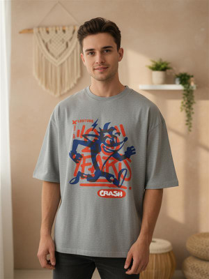 JUST ROAR Printed Men Round Neck Grey T-Shirt