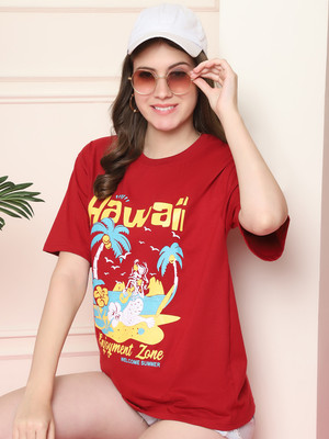 Fabflee Printed Women Round Neck Red T-Shirt