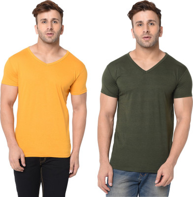 Tresna Trending Solid Men V Neck Dark Green, Yellow T-Shirt