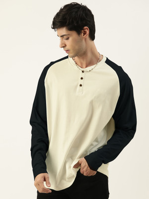 MANIAC Colorblock Men Henley Neck White T-Shirt