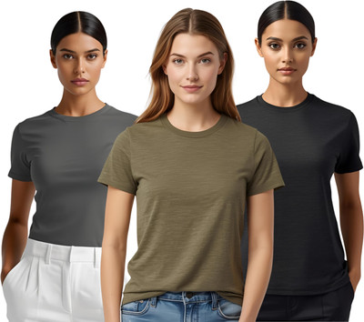 SHARXTRENDS Solid Women Round Neck Black, Silver, Green T-Shirt