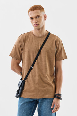 Snitch Solid Men Crew Neck Brown T-Shirt