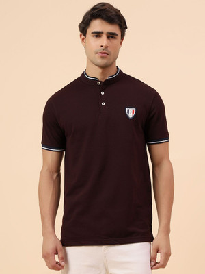 CANTABIL Striped Men Mandarin Collar Maroon T-Shirt