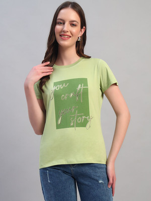 CANTABIL Printed Women Round Neck Green T-Shirt
