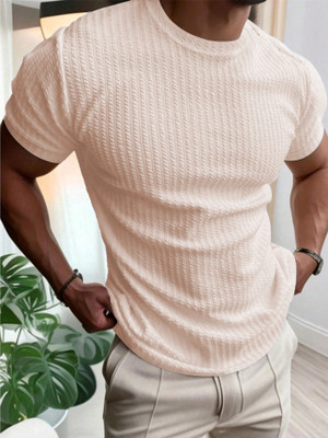 KAJARU Self Design Men Round Neck Beige T-Shirt