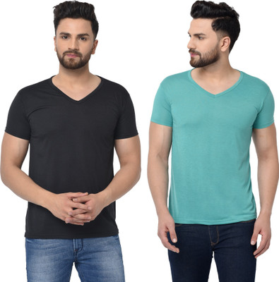Tresna Fab Solid Men V Neck Black, Light Green T-Shirt