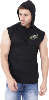 GEUM Printed Men Hooded Neck Black T-Shirt