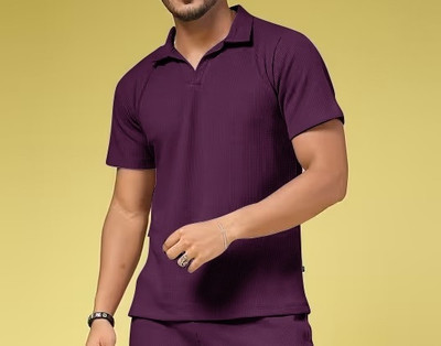 INDICLUB Solid Men Polo Neck Purple T-Shirt