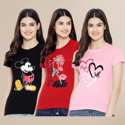 Tromko Printed Women Round Neck Black, Pink, Red T-Shirt