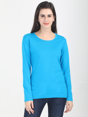 Fleximaa Solid Women Round Neck Blue T-Shirt