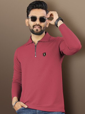 VeBNoR Solid Men Zip Neck Pink T-Shirt