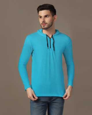GEUM Solid Men Hooded Neck Light Blue T-Shirt