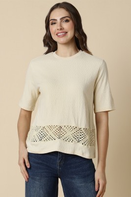 VAN HEUSEN Solid Women Round Neck Beige T-Shirt