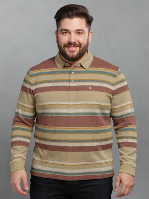 Bullmer Striped Men Polo Neck Brown T-Shirt