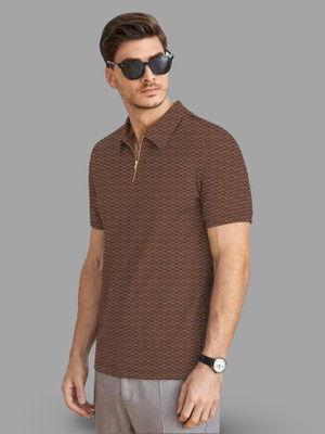 NB NICKY BOY Self Design Men Zip Neck Brown T-Shirt