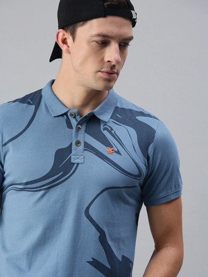WROGN Printed Men Polo Neck Blue T-Shirt