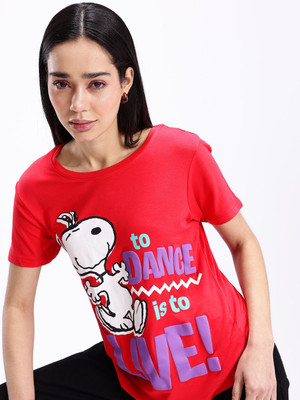Kook N Keech Printed Women Round Neck Red T-Shirt