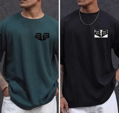 BOOM BAAM Self Design Men Round Neck Green, Black T-Shirt