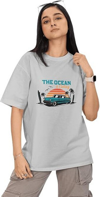 Carbonyte Printed Women Round Neck Grey T-Shirt