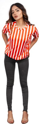 nandhika creations Striped Women Round Neck White, Orange T-Shirt