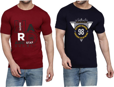 WOOSTRO Printed Men Round Neck Maroon, Dark Blue T-Shirt