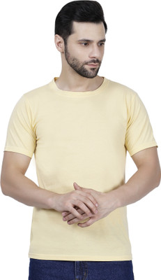 Rising Angel Solid Men Round Neck Yellow T-Shirt