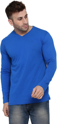 Money Leaf Solid Men V Neck Blue T-Shirt