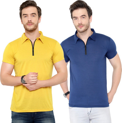 JB Jangoboy Solid Men Polo Neck Light Blue, Yellow T-Shirt