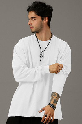 ALONE EAGLE Solid Men Round Neck White T-Shirt