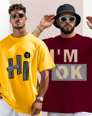 AOOSH Printed Men Round Neck Yellow, Maroon T-Shirt