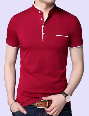 AUSK Solid Men Mandarin Collar Red T-Shirt